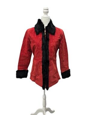 Y2K A.M.I. Red Suede Fur Trim Coat